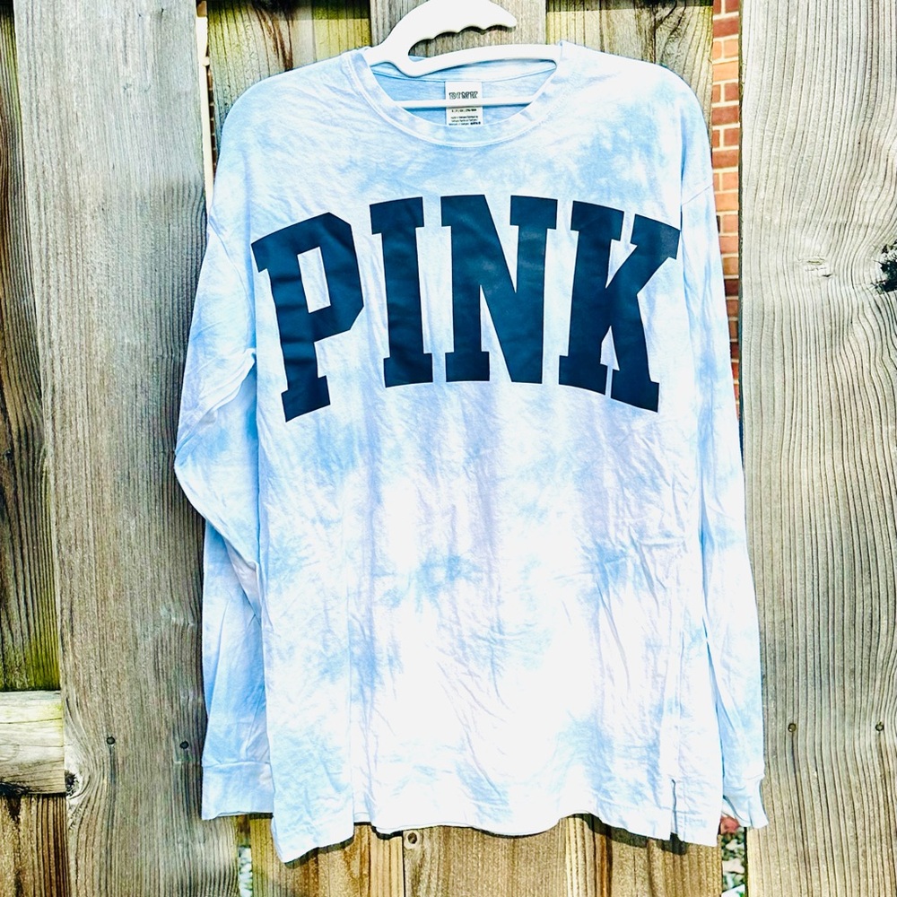 Pink long sleeve blue tie dye tee
